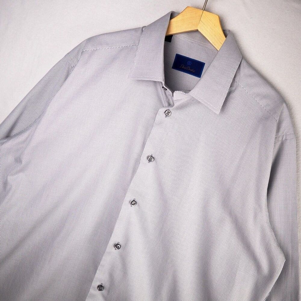 David Donahue Dress Shirt Mens 17 34/35 Gray Basketweave Check Classic Fit